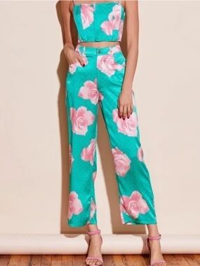 Fleur du Mal Teal Floral Wide-Leg Pants